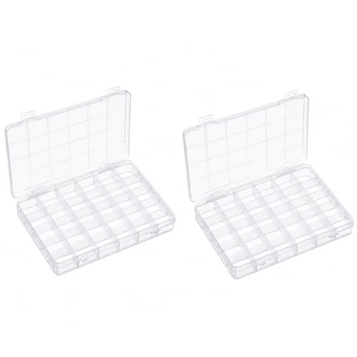 2 Pcs 24 Grid Plastic Organizer Boxes Small Parts Organizer Bead Storage Containers Jewelry Findings Organizers Box Earring Screw Holder Transparent Storage Case with Fixed Dividers