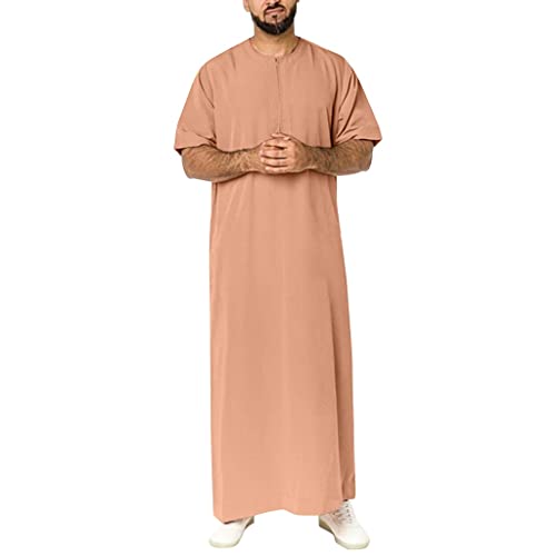 Men's Short Sleeve Robe Muslim Prayer Dress Kaftan Gown Thobe Long Shirt Middle East Islamic Clothing (Color : Khaki, Size : Small) - color: Khaki, size: Small