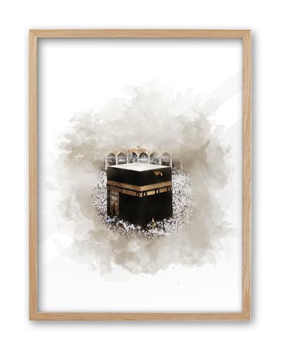 iHery 12x16in Natural OAK Wood Framed Islamic Kaaba Wall Art | Beige Watercolor Mecca Masjid al-Haram Canvas Print, Hajj Faith Decor for Bedroom Living Room, 1Pack - color: OAK Framed Kaaba, size: 16"L x 12"W
