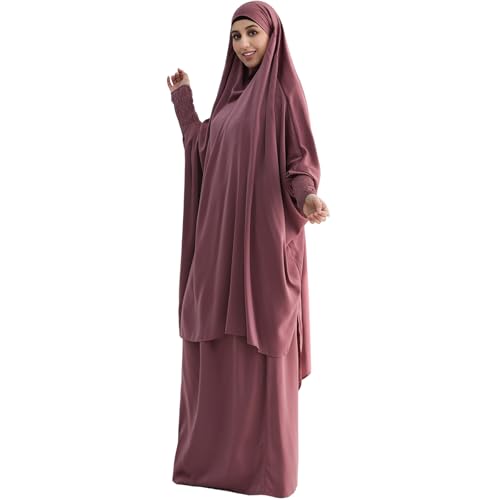 Muslim Women Abaya Two Pieces Set Prayer Dress Elasticated Sleeves Islamic Robe Modest Full Cover Prayer Clothes - color: Purple