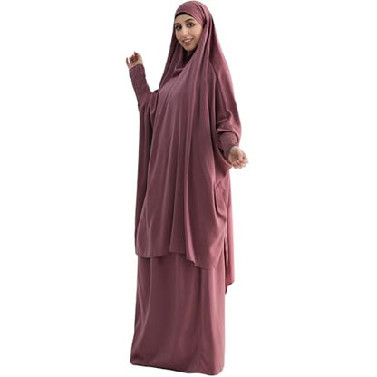 Muslim Women Abaya Two Pieces Set Prayer Dress Elasticated Sleeves Islamic Robe Modest Full Cover Prayer Clothes - color: Purple