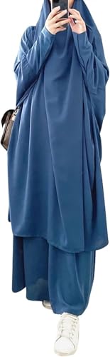 Womens Muslim Abaya Solid Prayer Dress Islamic Maxi Kaftan with Hijab Dubai Full Length 2 Piece Dress - color: 1blue