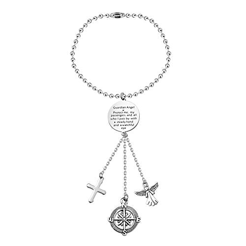FEELMEM Guardian Angel Prayer keychains Driver Present Guardian Angel Protect Me and My Passengers Rearview Mirror Pendant - color: Silver