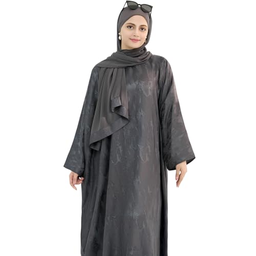 khalat Abaya Muslim Dress Women Satin Jacquard Prayer Dress Batwing Long Sleeve Islamic Dubai Robe with Chiffon Hijab - color: Grey