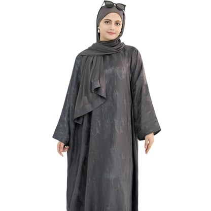 khalat Abaya Muslim Dress Women Satin Jacquard Prayer Dress Batwing Long Sleeve Islamic Dubai Robe with Chiffon Hijab - color: Grey