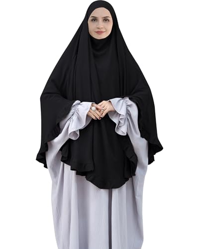 Muslim Prayer Hijab Solid Color Ruffled Head Scarf Women Islamic Head Cover Khimar - color: Black