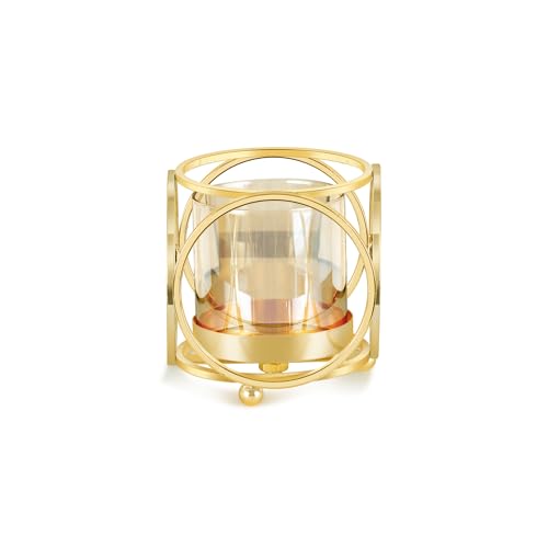 Gold Hurricane Candle Holder with Metal Frame & Windproof Glass Lid, Geometric Cutouts for Weddings, Parties, Home Decor - size: Small
