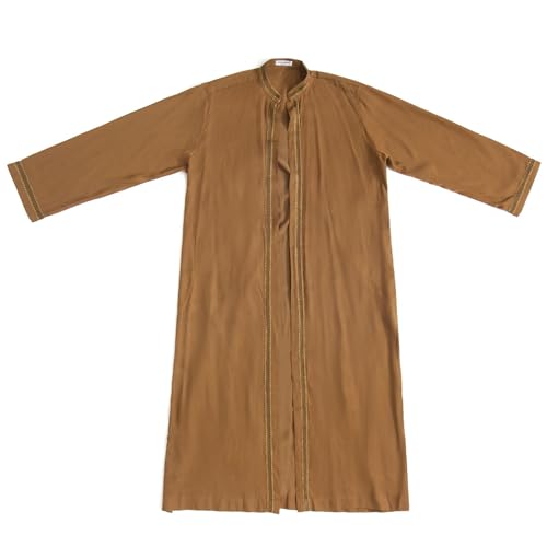 Thobe for Men Abaya Islamic Clothing Loose Long Sleeve Muslim Kaftan Open Front Dubai Arabic Robe Prayer Costume - color: Khaki, size: Large