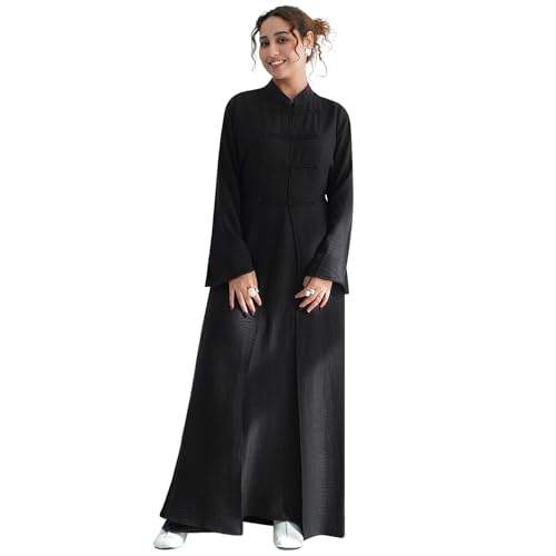 2PCS Women Muslim Abaya Dress Stand Collar Full Coverage Cardigan Dress Set - color: Black, size: Medium