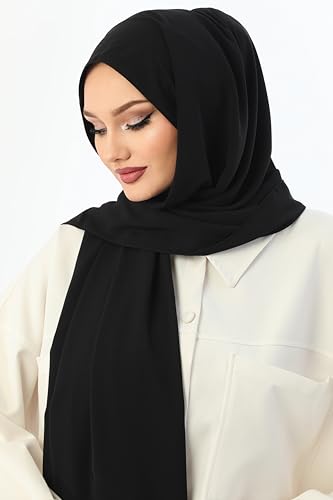 Instant Hijab 여성용 스카프 - 프리미엄 헤비 크레이프 (메디나) 헤드 스카프 랩 - 실용적인 무슬림 인스턴트 히잡 - color: 블랙 M1