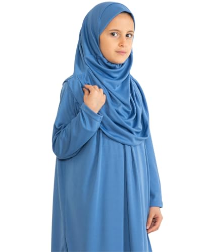 Prien Kids Prayer Dress Muslim Clothes for Girls Long Sleeve Abaya with Hijab Two Piece Maxi Islamic Set Scarf Kaftan Jilbab - color: Indigo