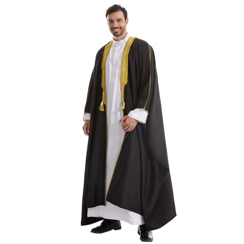 Muslim Men Thobe Thick Golden Tassel Muslim Prayer Cardigan Eid Open Abaya - color: Black, size: Medium