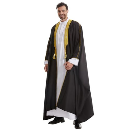 Muslim Men Thobe Thick Golden Tassel Muslim Prayer Cardigan Eid Open Abaya - color: Black, size: X-Large
