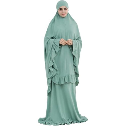 2PCS Abayas for Women Muslim Dress Ruffled Hem Modest Prayer Robe Full Coverage Modest Jilbab Set - color: Light Green, size: Medium