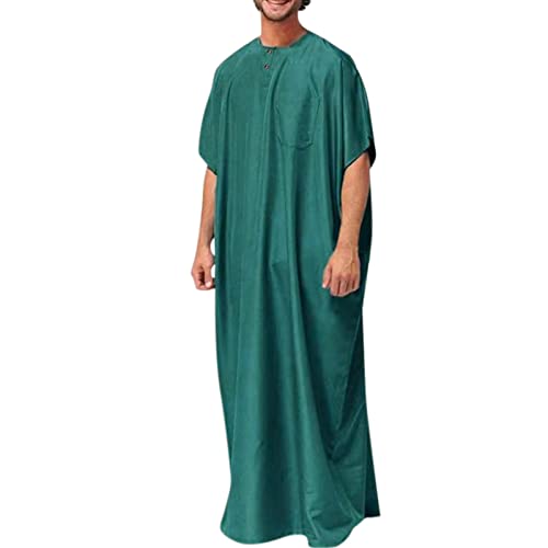 Men's Casual Top Thobe Solid Stand Muslim Robe Long Sleeve Button Loose Jubba Shirt And Pants Two Piece Set - color: Green-e, size: Large