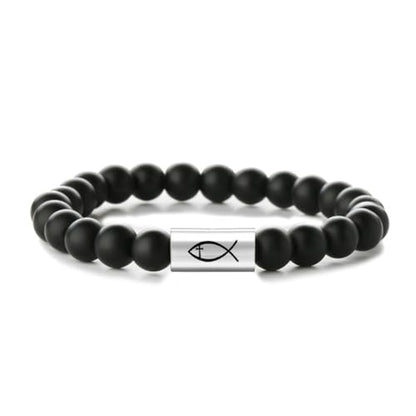 Religious Cross Symbol | Christian Ichthy | Yin Yang Tai Chi 8mm Natural Stone Bead & Cylinder Stainless Steel ID Stretch Bracelet for Men Women - style: Agate-Jesus Fish