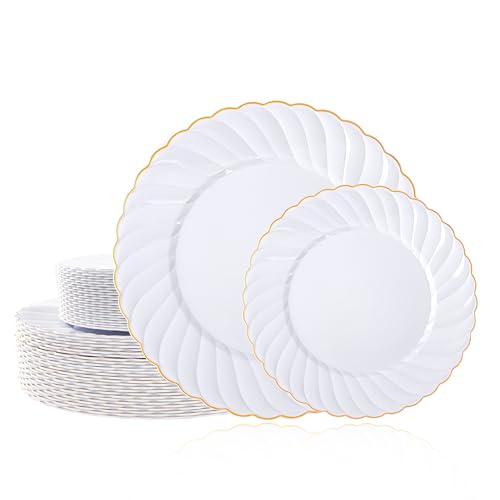 U-QE 60 Pcs White Plastic Plates with Gold Rim – Fancy Scalloped Plates - color: Gold