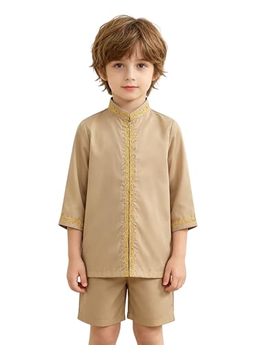 JEATHA Kids Muslim Clothing Thobe with Shorts Sets Saudi Arabic Dubai Outfits for Casual Daily Wear Breathable - color: Khaki, size: 3-4