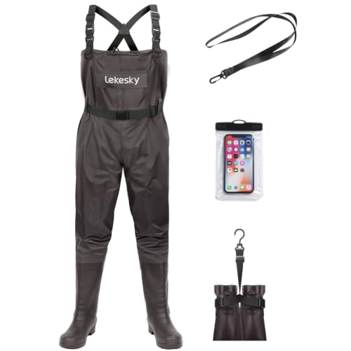 Lekesky Fly Fishing Chest Waders with Boots for Men Women, US Sizes 5–14,2-Ply Nylon/Pvc Waterproof Waders - color: Brown, size: M9/W11