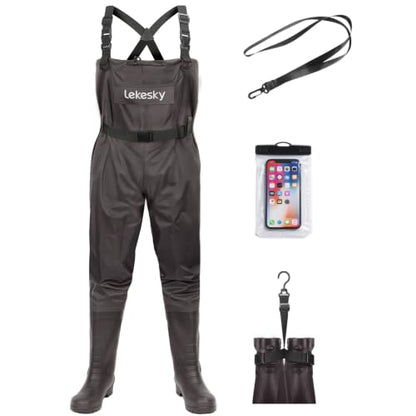 Lekesky Fly Fishing Chest Waders with Boots for Men Women, US Sizes 5–14,2-Ply Nylon/Pvc Waterproof Waders - color: Brown, size: M9/W11