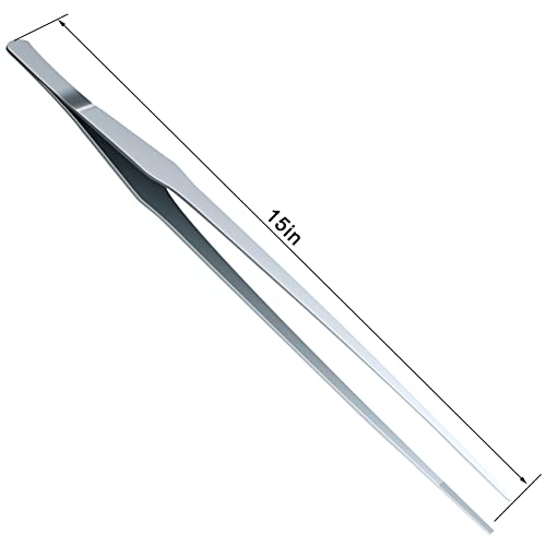OIIKI 2PCS Stainless Steel Tongs Tweezers, 15 inch Staright Tongs Tweezer | Polished Extra-Long 15 inch Curved Aquarium Tweezer with Precision Serrated Tips for Garden, Kitchen, Indoor & Outdoor - size: 15 inch Straight & Curved (2 PCS)