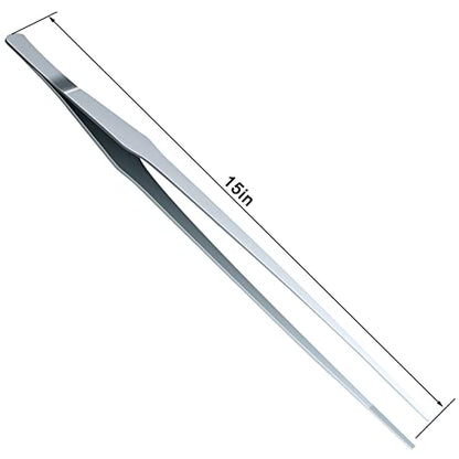 OIIKI 2PCS Stainless Steel Tongs Tweezers, 15 inch Staright Tongs Tweezer | Polished Extra-Long 15 inch Curved Aquarium Tweezer with Precision Serrated Tips for Garden, Kitchen, Indoor & Outdoor - size: 15 inch Straight & Curved (2 PCS)