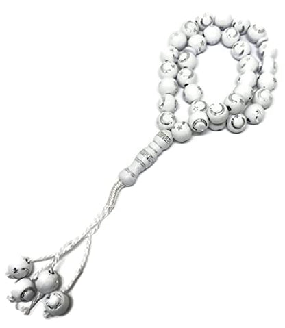 Muslim Bead Tasbih 33 Rosary AMN-277 Islam Prayer dhikr Misbaha with Moon Star Engraved on Islamic Religion Eid Ramadan Gift (White) - color: White