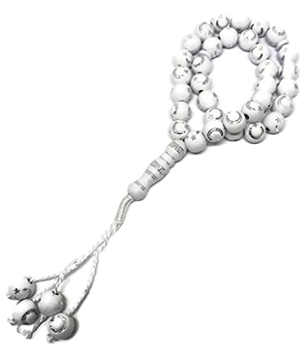 Muslim Bead Tasbih 33 Rosary AMN-277 Islam Prayer dhikr Misbaha with Moon Star Engraved on Islamic Religion Eid Ramadan Gift (White) - color: White