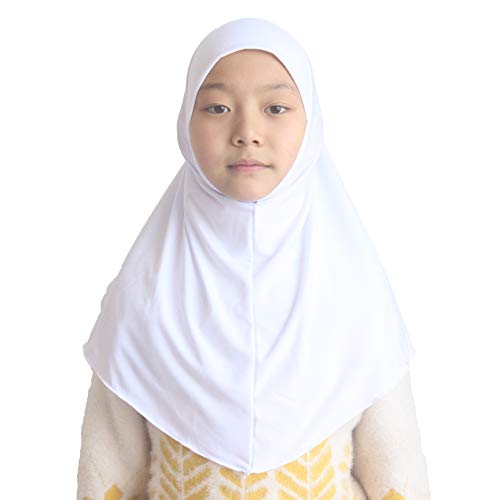 Girls Hijab Muslim Scarf for Kids – Ready to Wear, Solid Color, Soft & Breathable Daily Headwear for Ages 6-11 - color: White