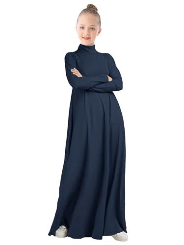 WSPLYSPJY High Neck Kids Girls Abaya Dress Solid Color Muslim Prayer Robe - color: Navy Blue, size: 5-6 Years
