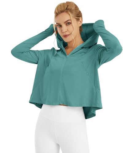 G4Free Skimetic Womens UPF 50+ Sun Hoodie Shirts - Quick Dry Running Jacket Long Sleeve Rash Guard Zip Pocket Hiking Athlete - color: Myrtle Green, size: Small