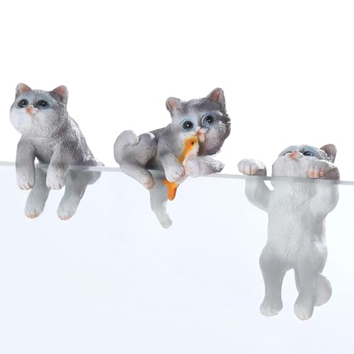 Cute Cat Figures Aquarium Miniature Decoration with Fishing and Lying Down Model Statue for Fish Tank Decorations and Ornament (3 Pcs Gray Cats) - color: 3 Pcs Gray Cats