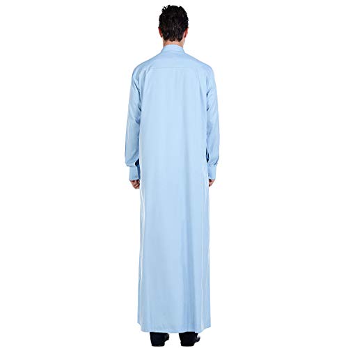 Men Arabic Long Sleeve Pure Color Thobe Crew Stand Collar Kaftan Robe with Button - color: Sky Blue, size: Small