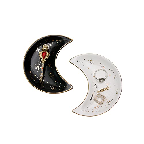 Soddeph Small Moon Ceramic Jewelry Dish Tray, Decorative Trinket Dish, Ring Holder Dish, Modern Accent Tray for Bathroom,Nightstand,Entryway Table, Vanity (1, black+white) - color: black+white