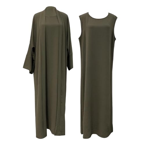 2PCS Women's Muslim Dresses Abaya Islamic Dubai Prayer Dress Robe Long Cardigan Maxi Dress - color: Army Green, size: Large