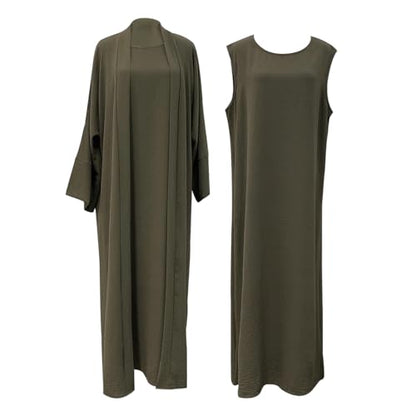 2PCS Women's Muslim Dresses Abaya Islamic Dubai Prayer Dress Robe Long Cardigan Maxi Dress - color: Army Green, size: Large