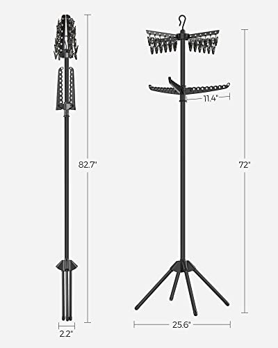 SONGMICS 2단 의류 건조대, 182.9cm(72인치) 접이식 세탁 건조대, 행거용 회전 가능한 팔 3개, 클립 24개, 스테인리스 스틸, 옷 27피스용, 블랙 ULLR512B01 - color: 블랙., style: 2단 클립