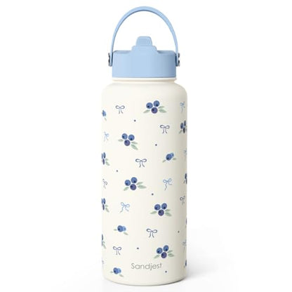 Blueberry Water Bottle Stainless Steel 32oz with Lid & Straw, Fruits Aesthetic Insulated Bottles Gifts for Girls Friends Teens Birthday Christmas - color: Blueberry