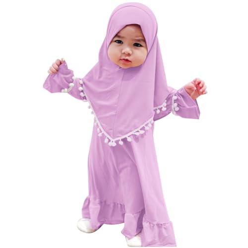 IWEMEK Infant Baby Girl Prayer Dress Kids Muslim Clothes for Toddler Girls Abaya with Hijab Ruffle Islamic Eid Ramadan Outfit - color: Lavender, size: 0-6 Months