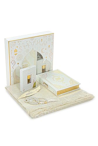 ihvan online Prayer Gift Set for Hajj and Umrah, Muslim Prayer Rug, Prayer Mat, Beads Taasbih, Holy Quran Translated English, Muslim Praying Mat, Islamic Gift Set for Ramadan & Eid, White - color: White English