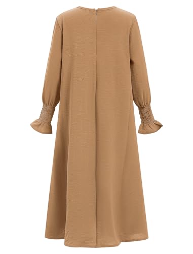 OBEEII Abaya for Girls Muslim Long Sleeve Prayer Dress Ramadan Kaftan Abaya with Hijab Islamic Clothing Arabic Eid Robe - color: Khaki, size: 3-4T