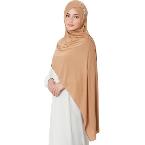 khalat Instant Hijab 여성용 무슬림 샤이니 라인스톤 데일리 스카프 부드럽고 신축성 있는 단색 이슬람 기도 히잡 - color: 카키