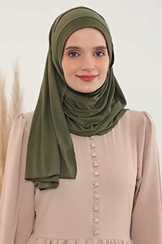 Aisha's Design Jersey Shawl for Women Instant 95% Cotton Modesty Turban Cap Hat Head Wrap Cotton Scarf - color: Army Green