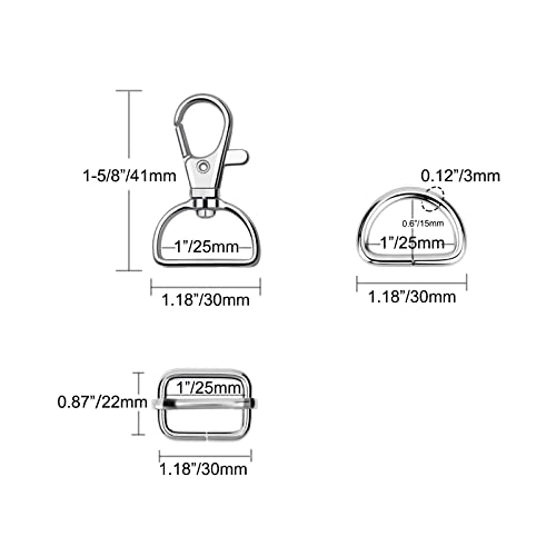 WAFJAMF Metal Snap Hook Ring Bulk 30 Pcs, Swivel Clasp Buckle and Non-Welded D Ring 10Pcs, Adjustable Rectangular Buckle (1' Inside Width Sliver) - color: Silver-2, size: 1” Inside Width