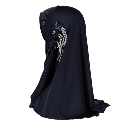 Women Soft One Piece Hijab Long Muslim Turban Islamic Full Head Scarf - color: 3 Flowers/Navy