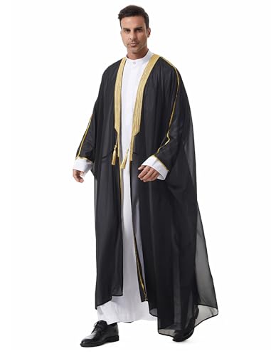 OBEEII Men Muslim Thobe Open Front Chiffon Ramadan Abaya Cardigan Dubai Saudi Embroidery Eid Islamic Clothes Prayer Kaftan - color: Black, size: X-Large