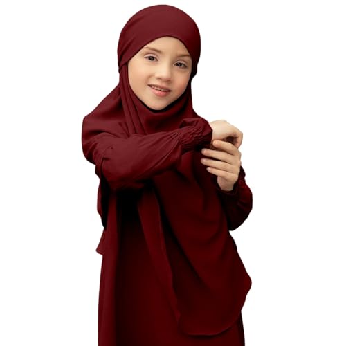 Muslim Dress for Girls Prayer Abaya with Hijab Toddler Islamic Cardigan Clothes Kaftan Robe Maxi Dresses Ramadan - color: 2-wine, size: 7-8 Years