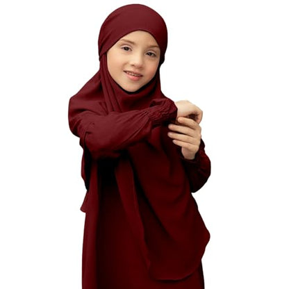 Muslim Dress for Girls Prayer Abaya with Hijab Toddler Islamic Cardigan Clothes Kaftan Robe Maxi Dresses Ramadan - color: 2-wine, size: 7-8 Years