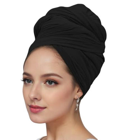 vabovin Head Wraps for Black Women Stretch Jersey Knit Turban Headwrap Solid Color Headscarf Headband Shawl - color: 03- Black