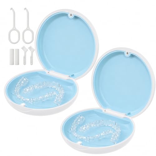 2 Pack Retainer Case, Slim Aligner Case for Invisalign with Tool Kit | 2 Pack Slim Magnetic Retainer Case for Invisalign • Pocket-Size for Travel • Full Kit: Removal Tool, Aligner Seater & Brush - color: 2 Pack - Cloud Blue